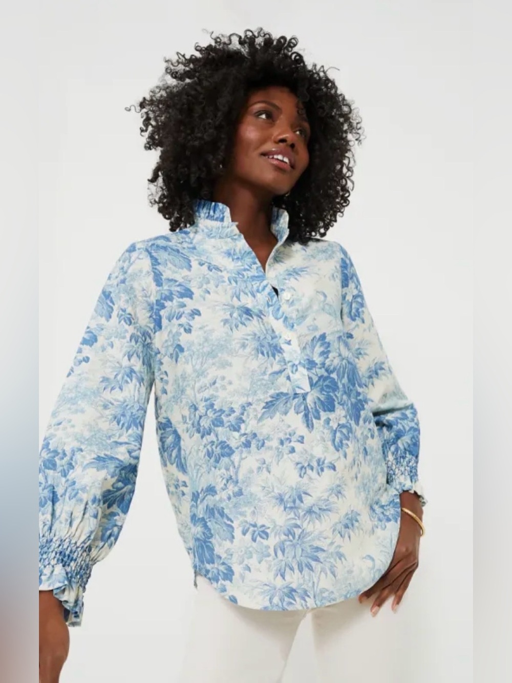 Tuckernuck Blue and White Floral Smocked-Sleeve Blouse